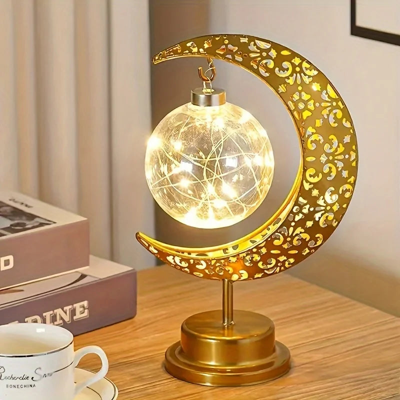Muslim Festival LED Star Moon Lamp - Ramadan Hollow Iron Design, Battery Operated (Battery Not Included) for Table Desk Outdoor Vue