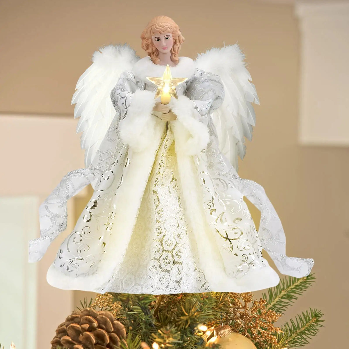 Christmas Tree Decorations Christmas Tree Top Angel with String Light Rustic Ornament for Fireplace Farmhouse Bedroom Garden Vue
