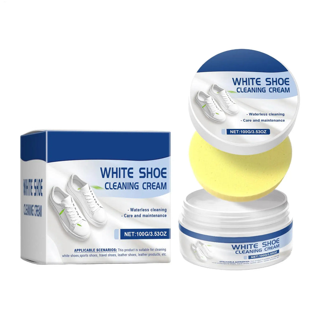 100g White Shoe Cleaner Cream with Sponge, No-Wash Multipurpose Sneaker Whitening Polish, Stain Remover for Leather Canvas Shoes Vue
