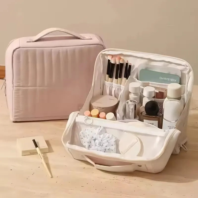 Large Capacity Portable Standing Makeup Bag Travel Toiletry Bag Cosmetic Brush Organizer Handheld Stationery Storage Pouch Vue