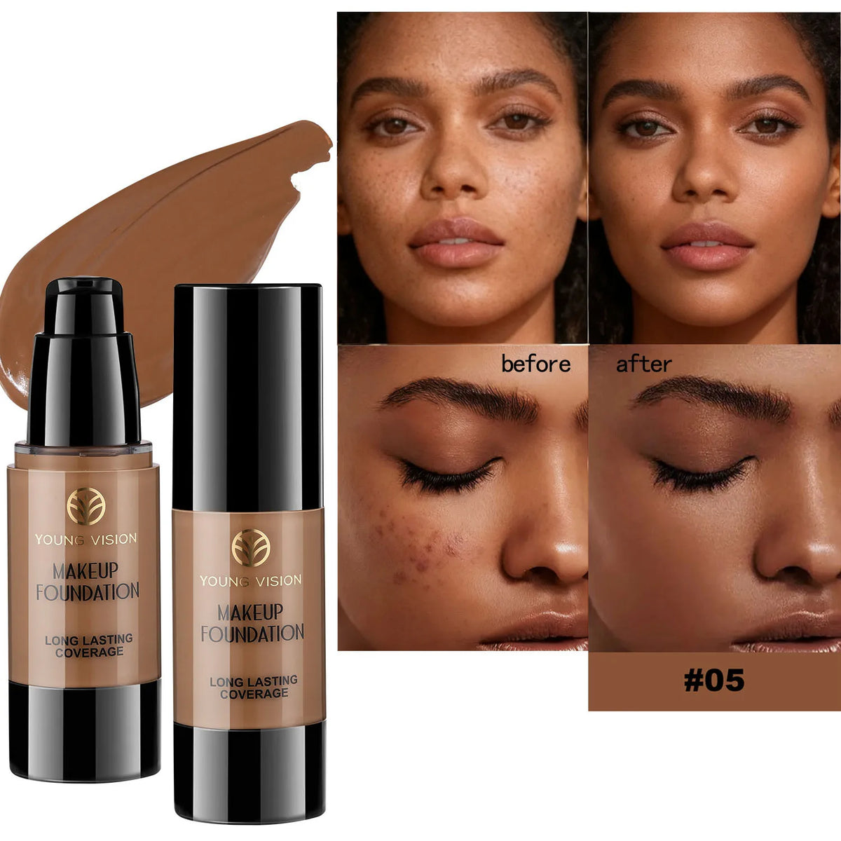 Long-Lasting Waterproof Liquid Foundation with Oil Control & Moisturizing, High Coverage Sweat-Resistant Concealer for Women, Vue