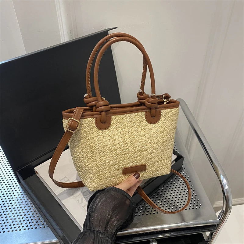 Straw Woven Crossbody Bags Women Summer Vacation Bucket Shoulder Vue khaki