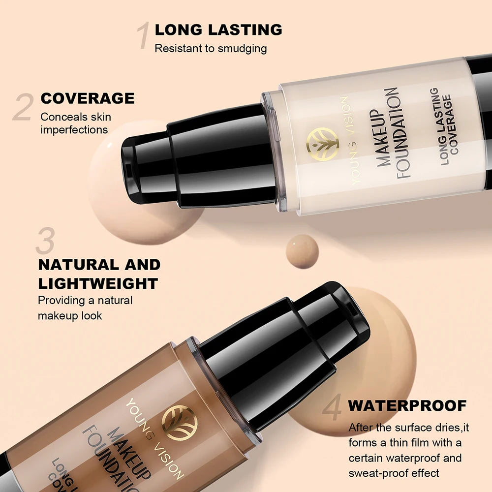 Long-Lasting Waterproof Liquid Foundation with Oil Control & Moisturizing, High Coverage Sweat-Resistant Concealer for Women, Vue