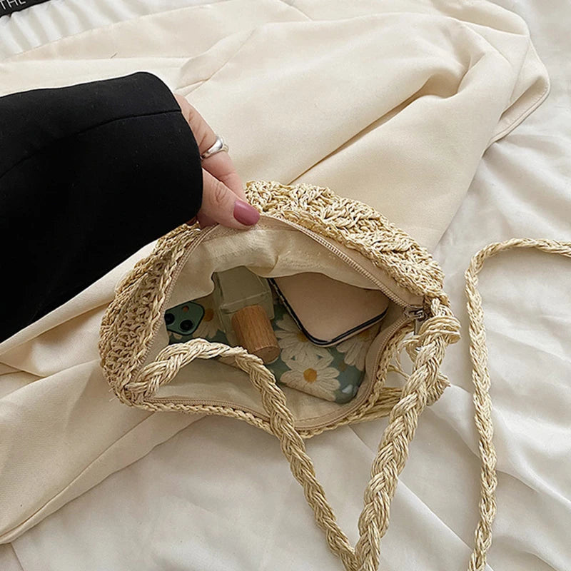 Fashion Semicircle Straw Woven Shoulder Crossbody Bag Travel Small
