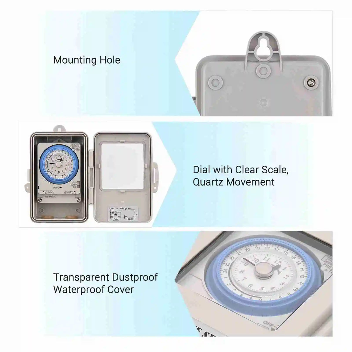 Mechanical 24 Hours Timer Switch IP53 Rating Programmable Electrical Timer Switch Box AC 100-240V 15 Minutes Interval 96 Times O Vue