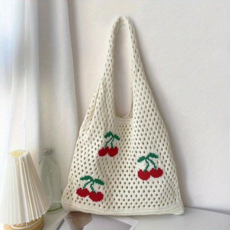 Women Stylish Turtle Cherry Pattern Crochet Tote Bag Large Capacity Vue a-cherry