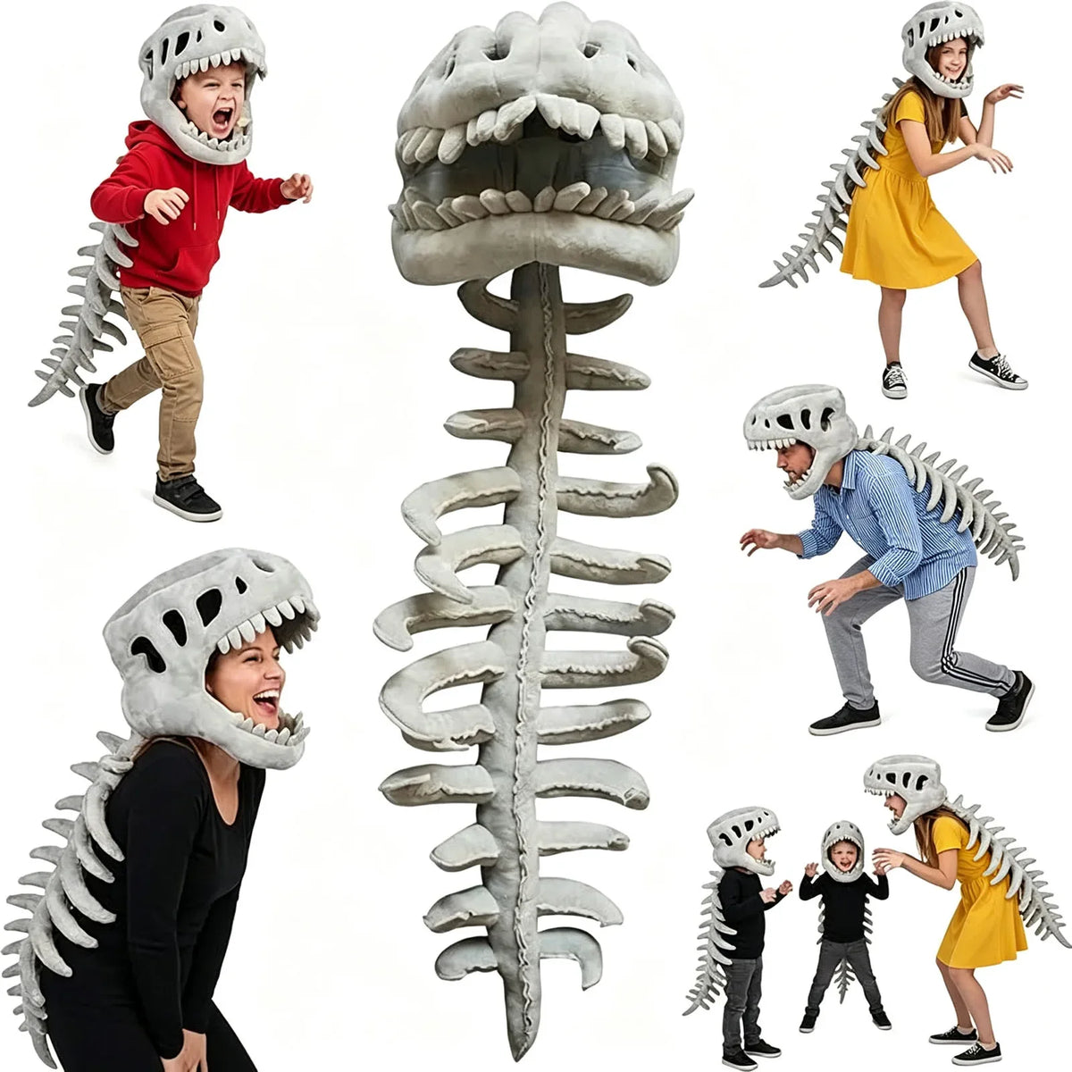 Dino Skeleton Plush Head Mask Cosplay Costume Performance Bone Print Soft Toy for Dress Up Party Role Play Halloween Outfit Vue