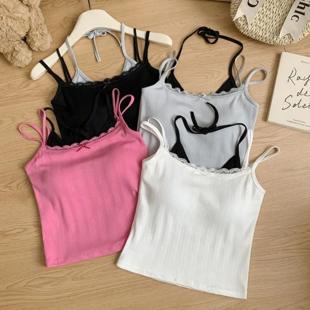 Sweet Sleeveless Lace Trim Camisole Slim Padded Cups Tie Back