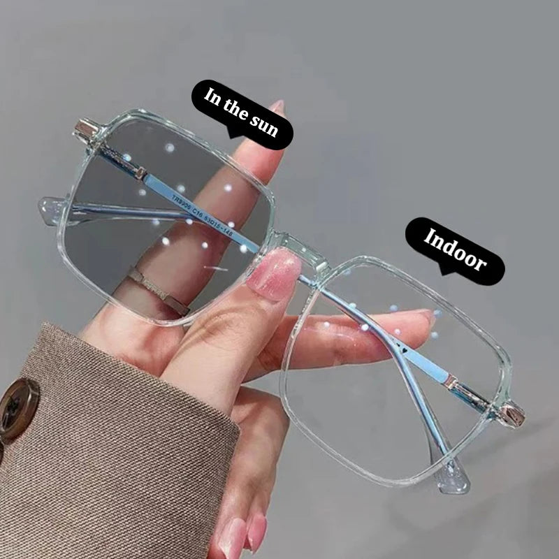 New Men Women Color Changing Eyeglasses Photochromic Glasses Anti Blue Glasses Anti UV Sunglasses Square Clear Frame Eyewear Vue Blue