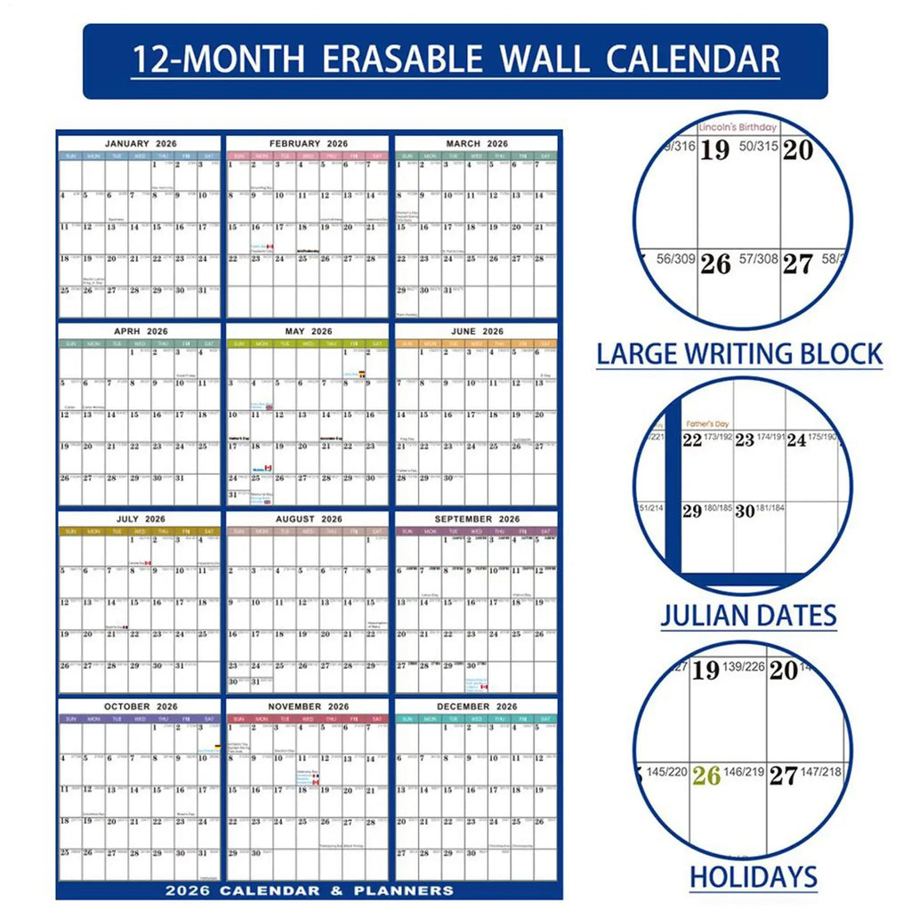 12 Month Large Wall Calendar 2026 Planner Calendar Erasable Agenda Academic Planner Foldable for Home Decor Office Family Vue