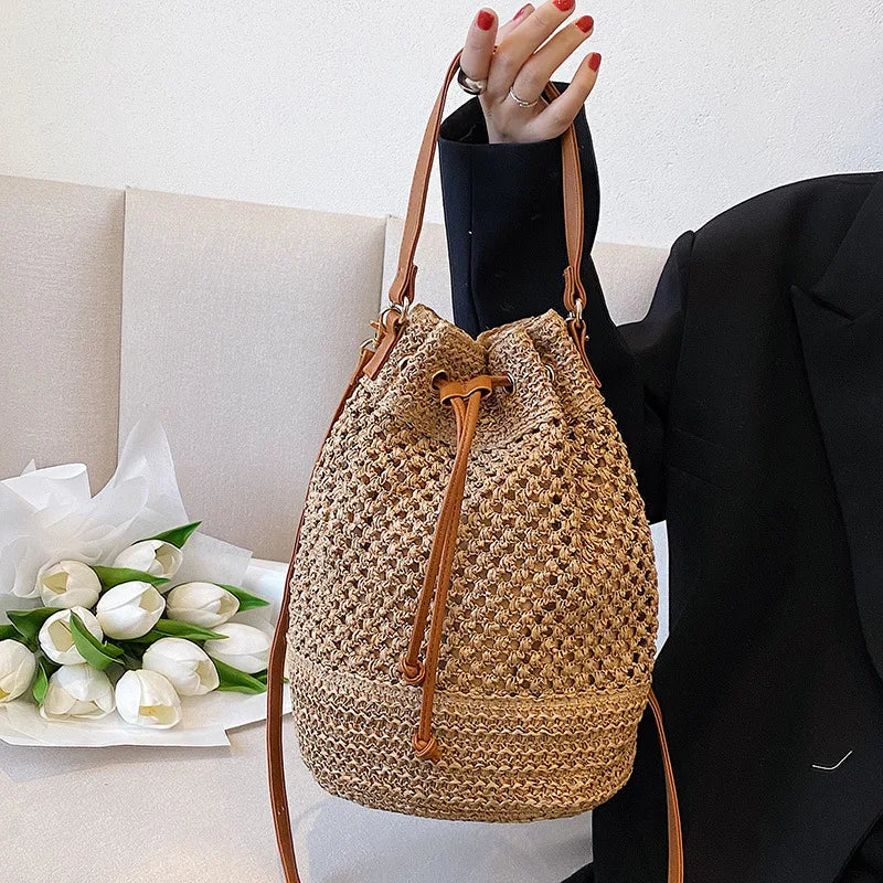 Woven Straw Bag Ladies Bucket Crossbody Summer Beach Retro Travel