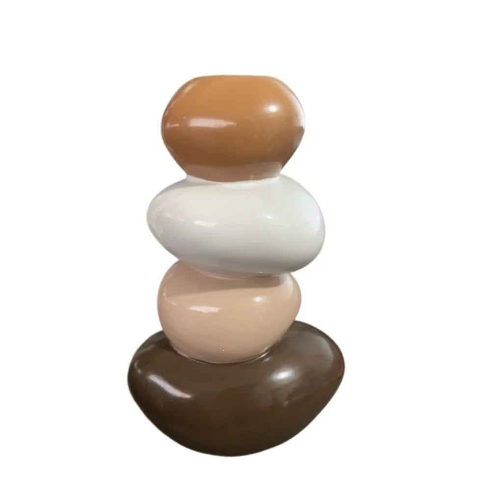 Resin Stacking Stone Flower Vase Smooth Good Luck Stacked Pebble Plant Bottle Anti-tip Aesthetic Sculpture Vue Brown