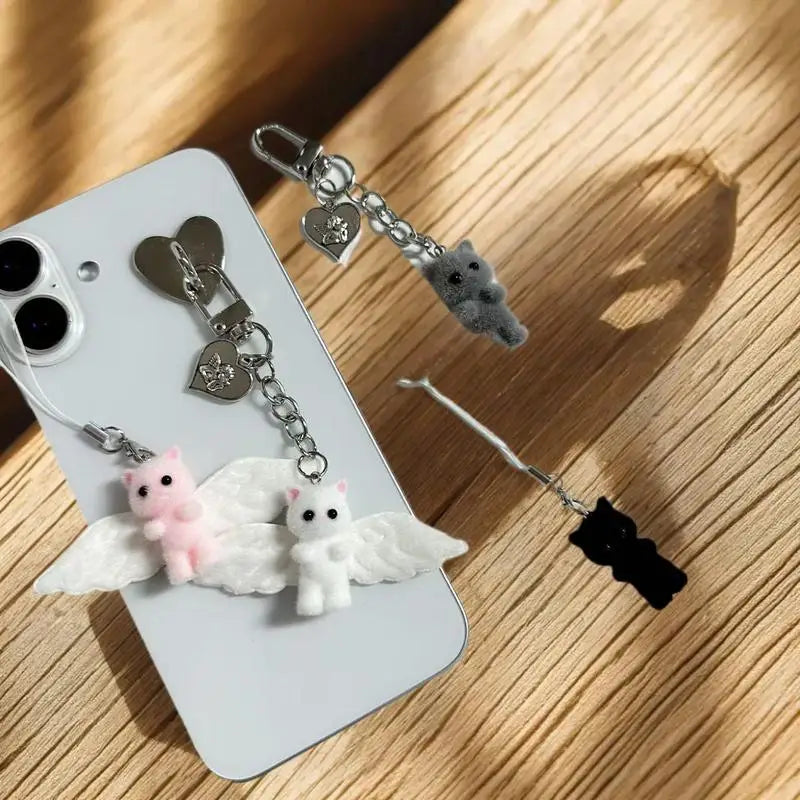 Cute Flocked Angel Wings Cat Keychain Kawaii Heart Phone Chain Anti-Lost Lanyard Bag Decor Gift Vue