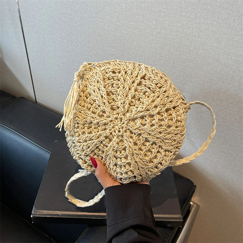 Rattan Woven Round Women Straw Bag Handbag Knit Summer Beach Woman Vue beige