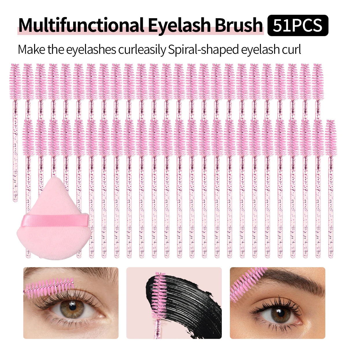 Hot Sale Precise Eyelash Brushes,51PCS Glitter Spiral Wands with Triangle Puff Multipurpose Cosmetic Tools for Eyelash & Facial Vue Pink Nylon