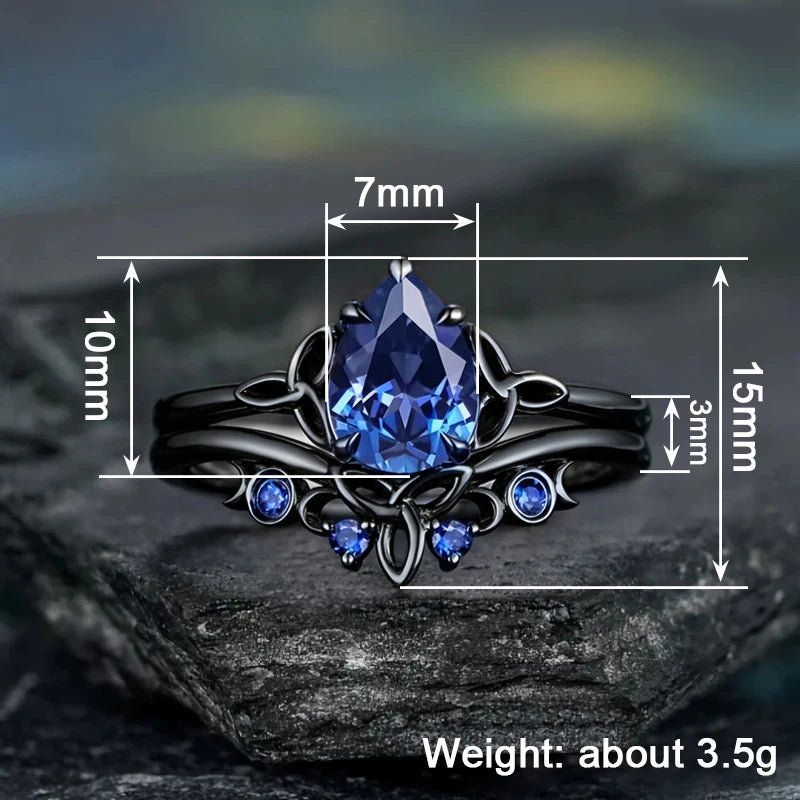 Huitan Black Plated Blue CZ Pear Ring | Vintage Women's Jewelry Fashion Ring Vue