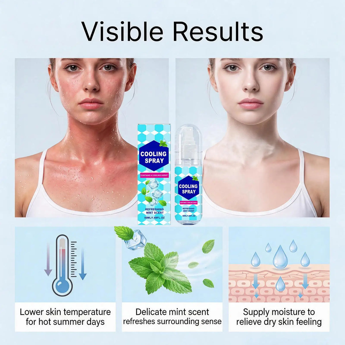50ml Cooling Body Spray, Instant Refreshing Mint Mist for Summer, Portable Face & Body Cooler for Outdoor Sports Workout Travel Vue