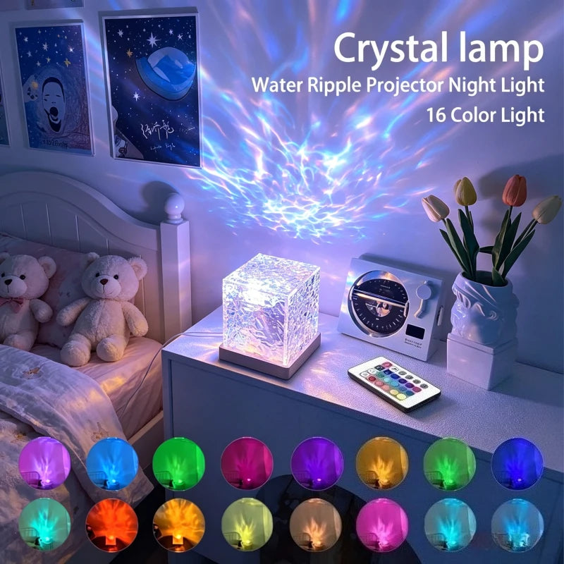 16 Colors Water Ripple Projector Dynamic Rotating LED Night Light with Remote Dimming Family Bedroom Romantic Ocean Decor Lamp Vue