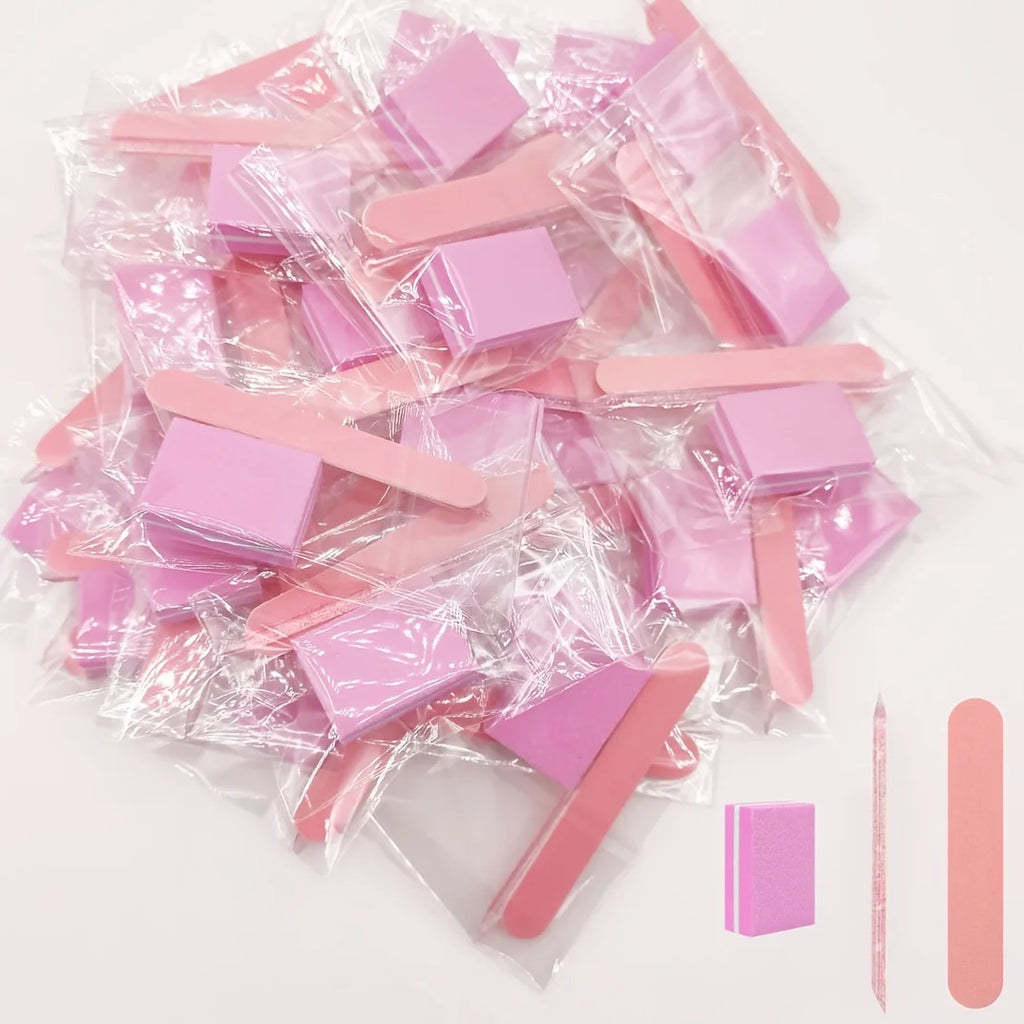[30pcs Nail Art Kit Essentials] 30pcs Pink Nail Art Kit - Disposable Mini Nail File, Buffer Pad & Stick Set for DIY Jewelry Poli Vue