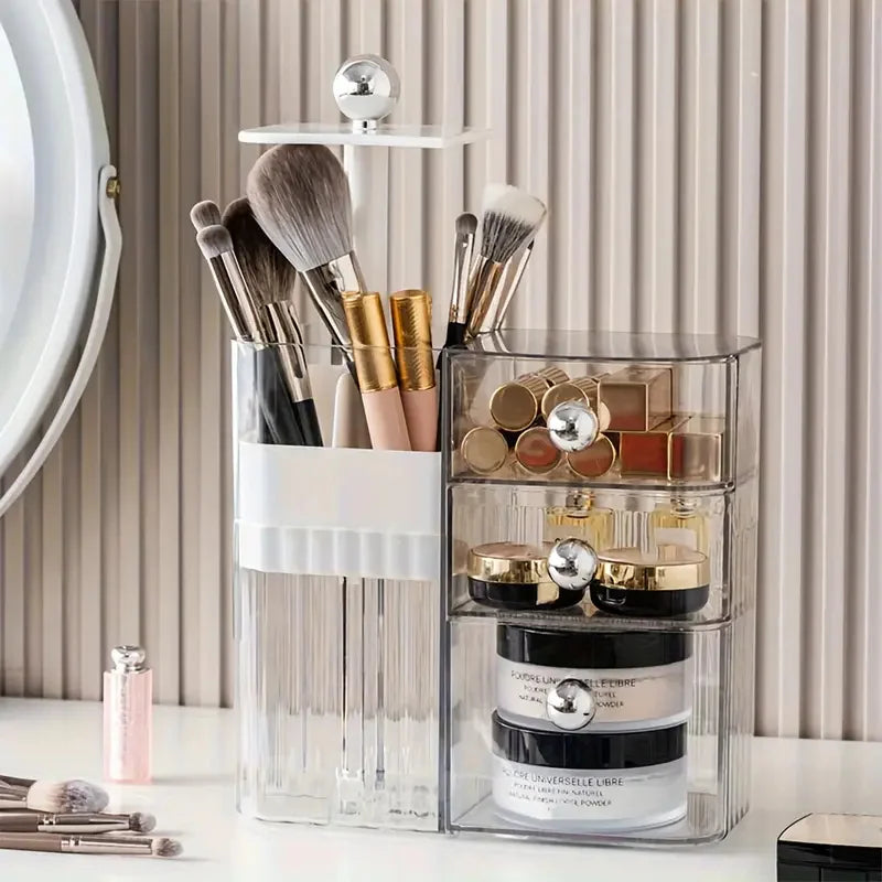Automatic Lifting Makeup Brush Organizer with Multiple Compartments for Brush Large Capacity Lift-Top Drawer Cosmetic Organizer Vue