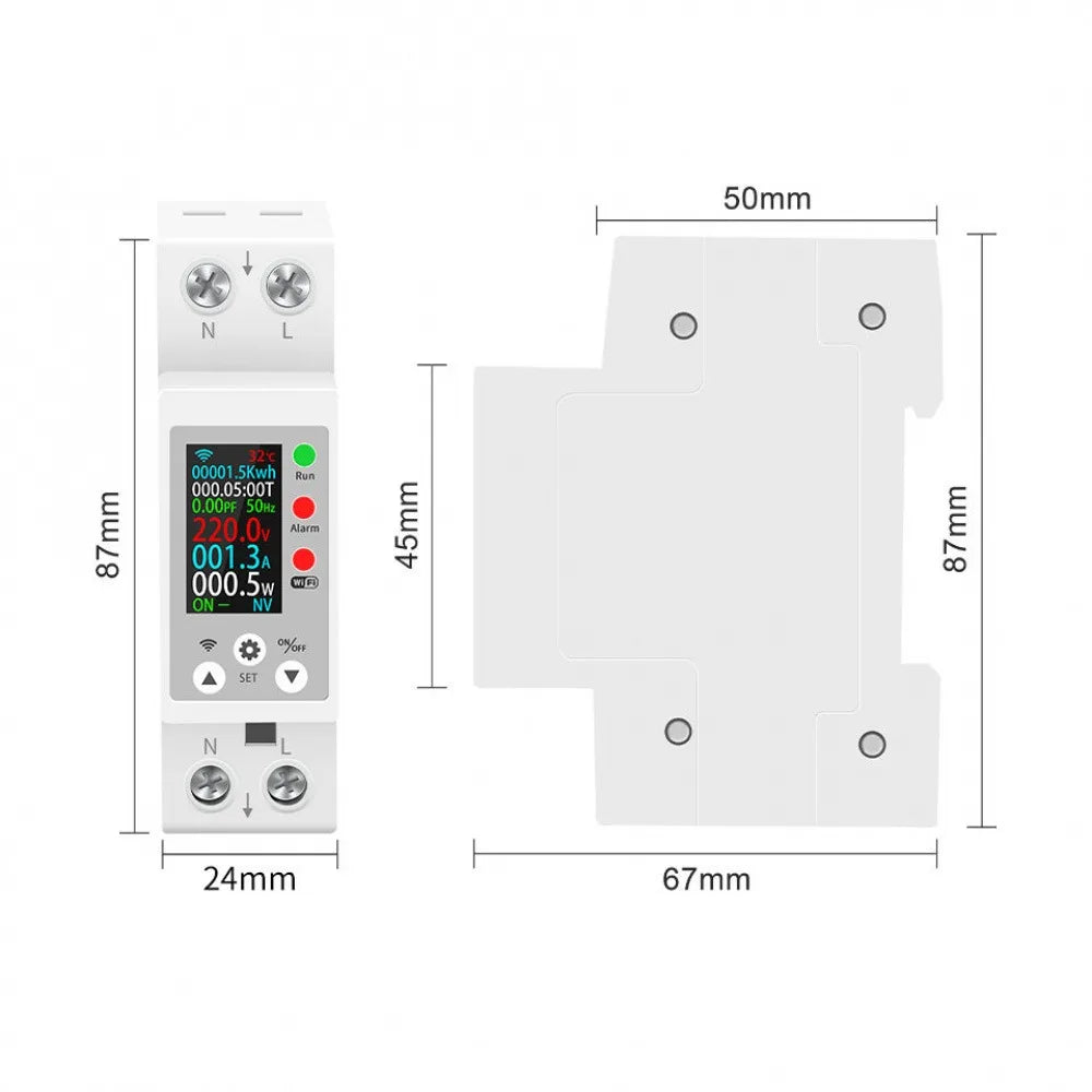 60A Tuya WiFi DIN Rail Smart Energy Meter Digital Volt Current Power KWh Monitor Remote Control Breaker Overvoltage Protection Vue