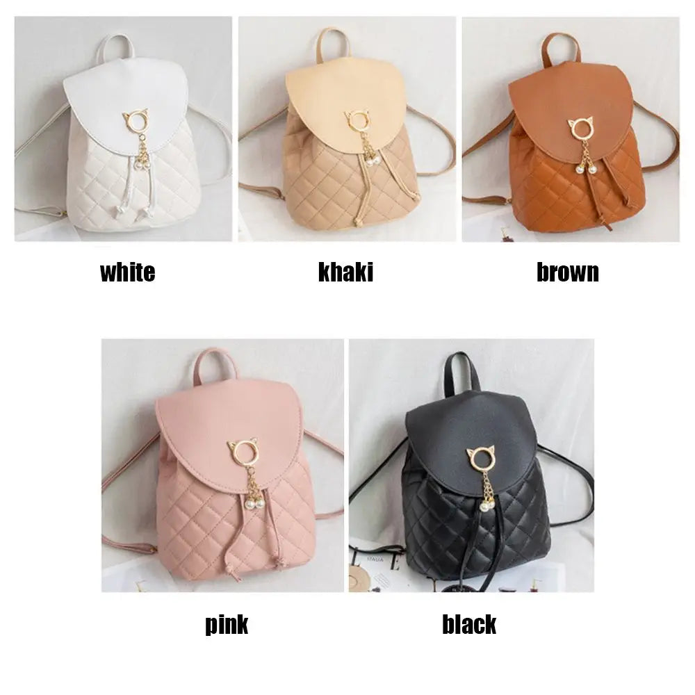 Women Casual Small Backpack Student Bookbags PU Leather Drawstring