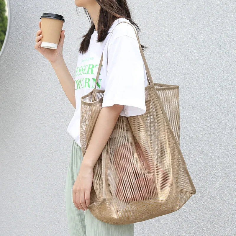 Fashion Mesh Hollow Out Handbag Design Beach Travel Package For Women Shoulder Bag Large Capacity Female Summer Shopping Totes Vue khaki