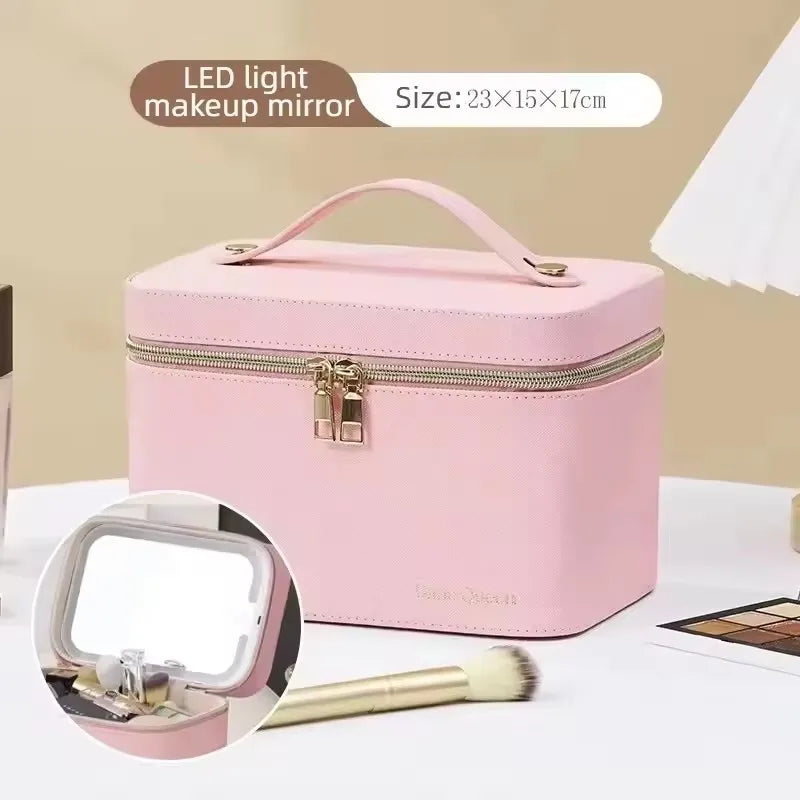 Travel PU Makeup Bag With Led Mirror Portable Cosmetic Case With Mirror And Light Travel Rechargeable Makeup Bag With Led Light Vue BQ-Pink 1 CN