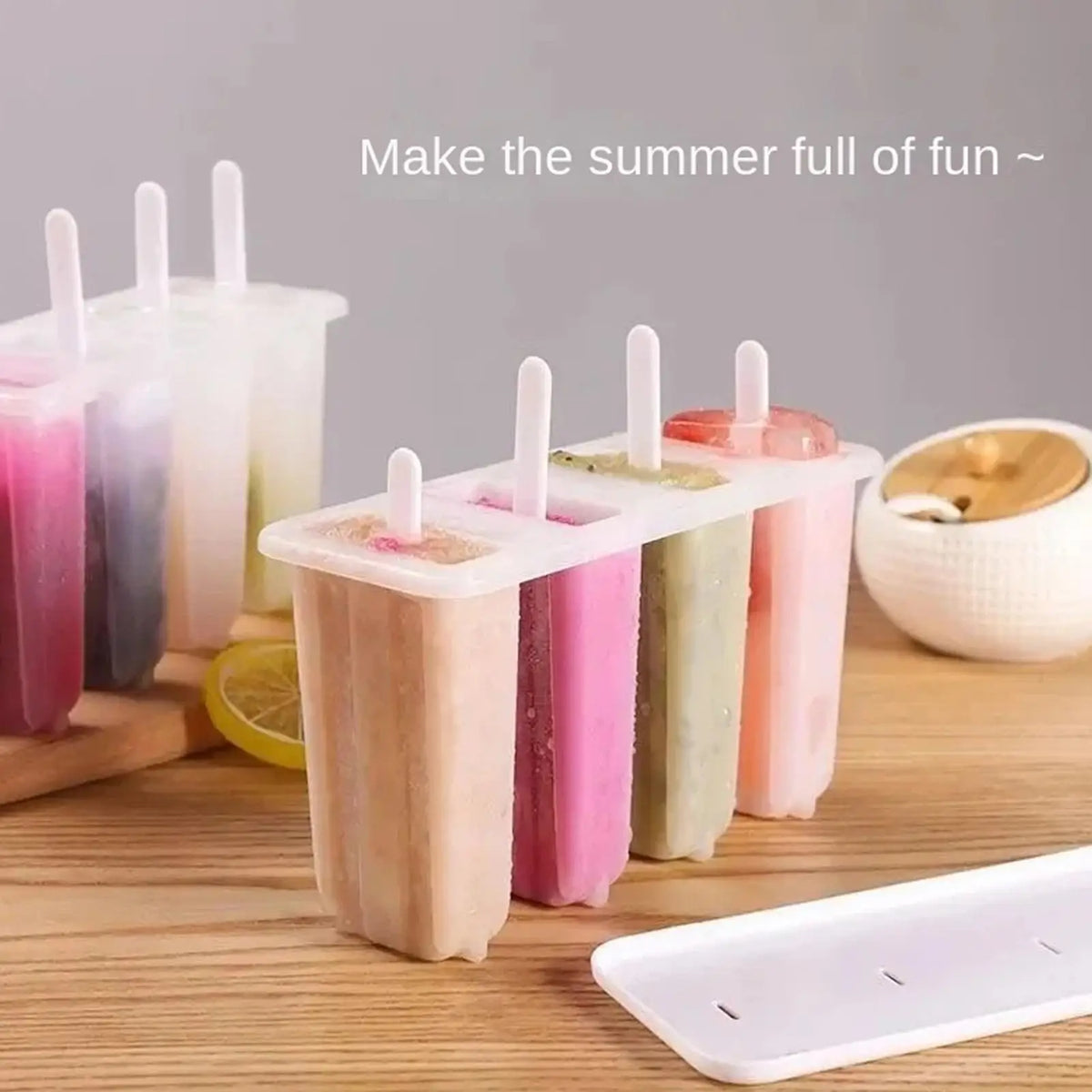 Reusable Ice Pop Maker 4-Cavity Ice Bar Mold Homemade Popsile Mold For Chocolate Yogurt Fruit Gelatin Dessert Cake Baking Tools Vue