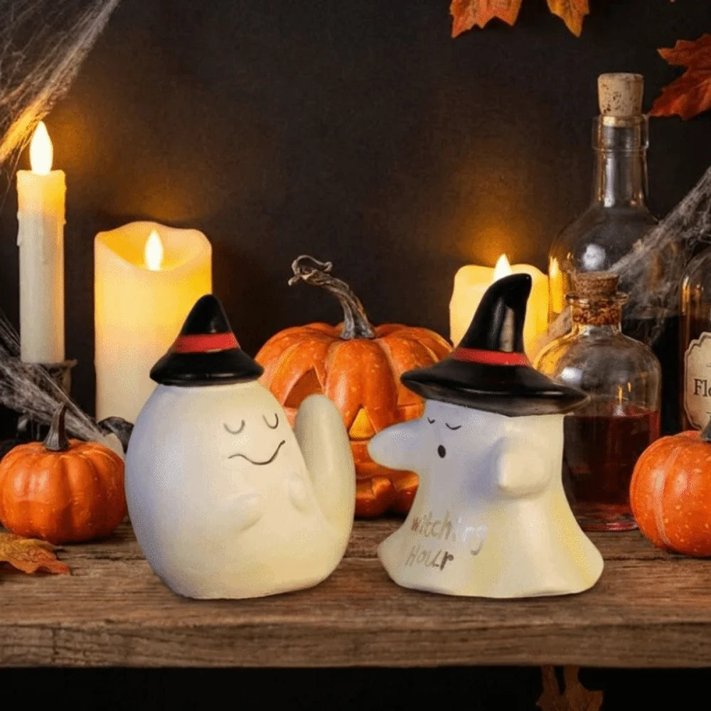Creative Resin Halloween Ghost Figurine Cute Decorative Ghost Witch Hat Figurine Mini Spooky Resin Statue Dining Table Vue