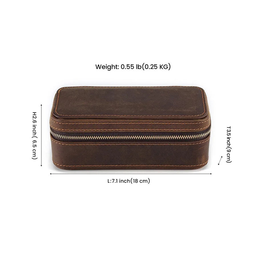 Retro Crazy Horse Leather Rectangle Watch Box Single Pack Travel Zipper Leather Premium Watch Storage Box Vue