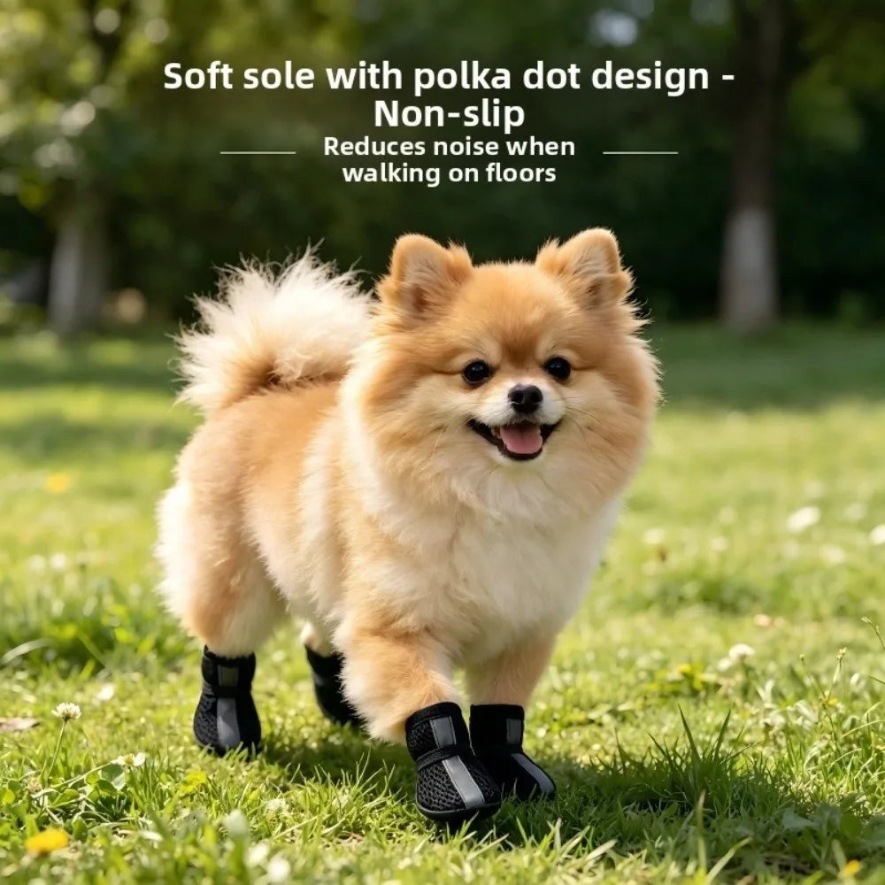 4PCS/SET Non-slip Mesh Dog Shoes Breathable Wear-resistant Pet Booties Reflective Stripe Hook-and-loop Strap Pet Paw Protector Vue