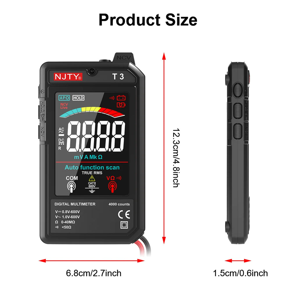 NJTY T3 MINI Smart Digital Multimeter Color Screen USB Rechargeable 4000 Counts Auto Ranging Voltage Resistance NCV Live Wire Vue