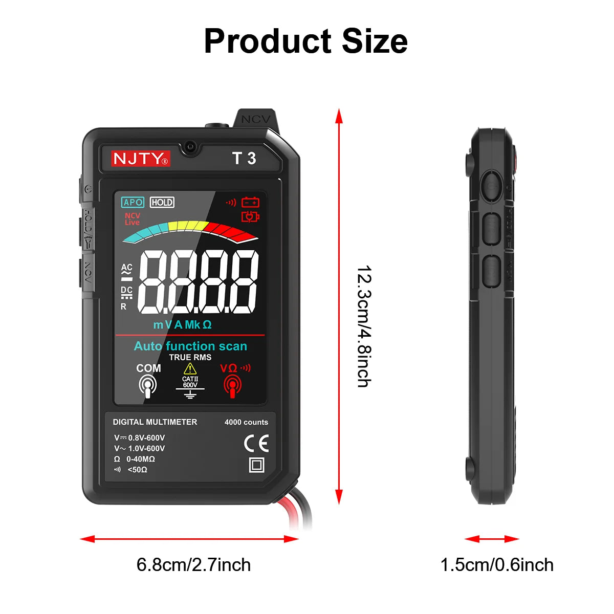 NJTY T3 MINI Smart Digital Multimeter Color Screen USB Rechargeable 4000 Counts Auto Ranging Voltage Resistance NCV Live Wire Vue