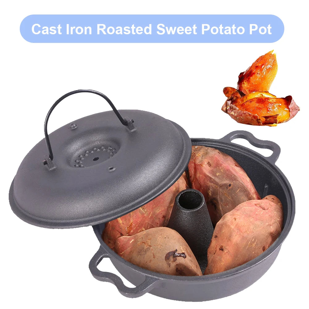 Cast Iron Roasted Sweet Potato Pan W/Lid Garlic Baker for Picnic Camping Patio Backyard Cooking Vue