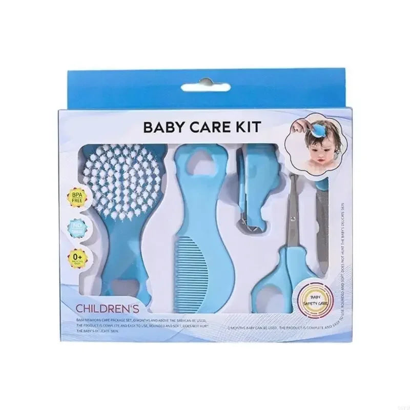 5 Piece Grooming Set Cartoon Design Gentle Hair Brush Safe Baby Care Essential Kit Bristle Soft Infant Comb Vue B308 -Blue