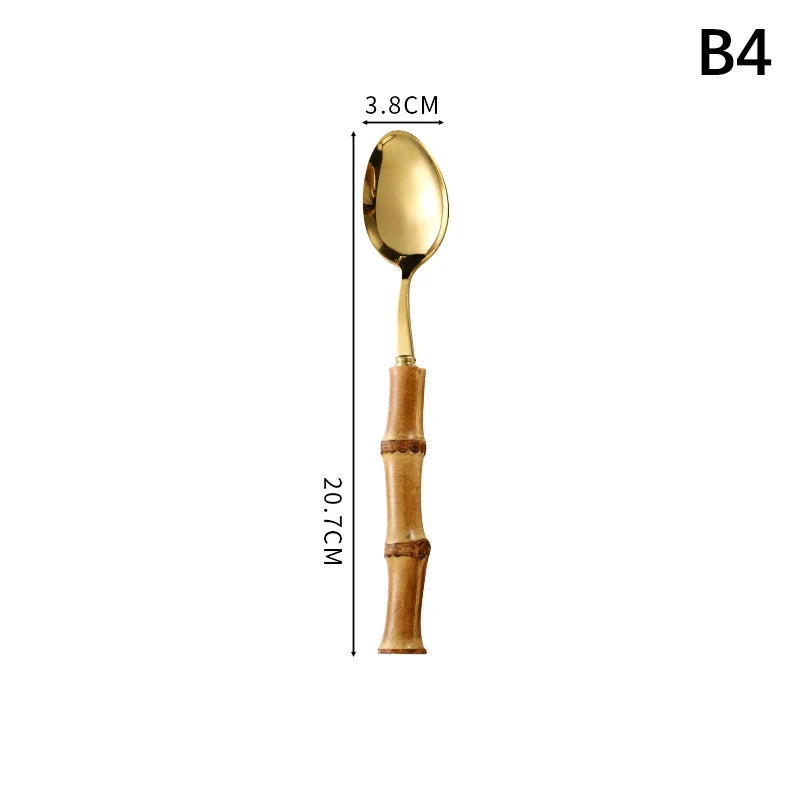 Long Handle Serving Spoon Fork Stainless Steel Gold Silver Bamboo Vue B4