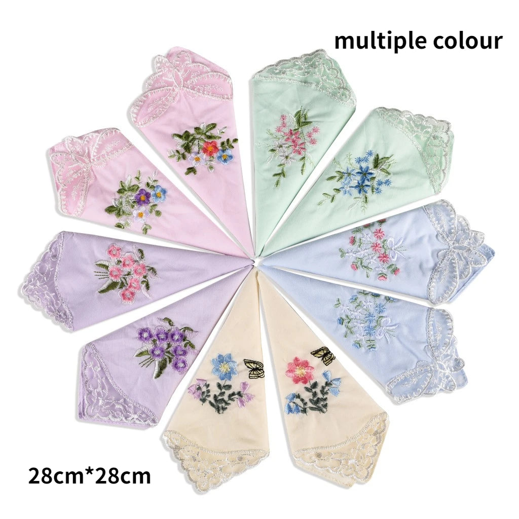 3PCS Luxury Cotton Women Hankies Embroidered Lace Flower Hanky Floral Random Color Cloth Ladies Handkerchief Fabrics Vue