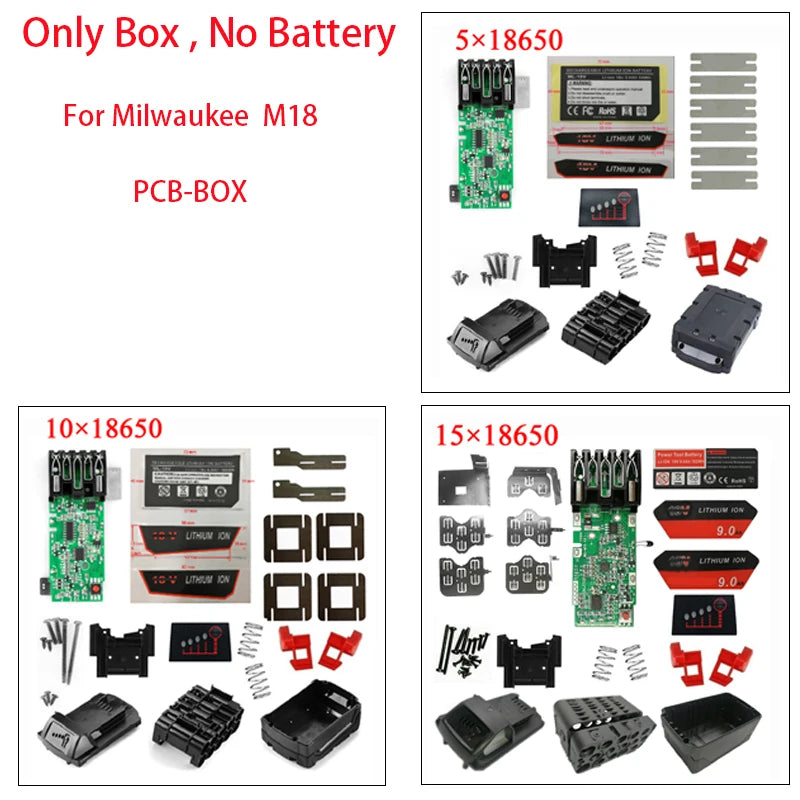 M18 Lithium Ion Battery Plastic Case PCB Charge Protection Circuit Board for Milwaukee 18V 3Ah 6Ah 9Ah Case Stickers Labels Vue