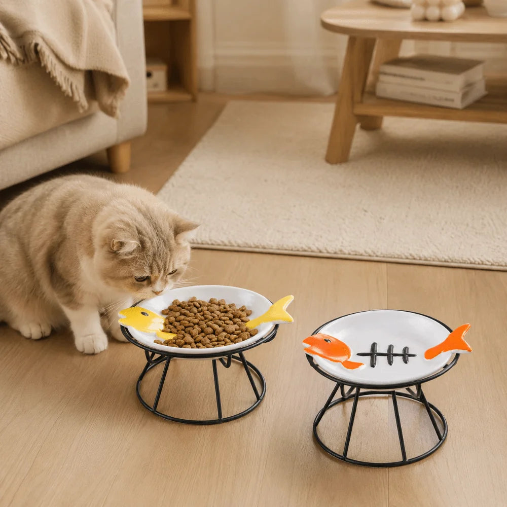Cat Basin Ceramic Elevated Cat Bowl Fish Bones Anti-Vomiting Pet Food Water Bowl Anti Slip Cute Raised Pet Feeder Wet Dry Food Vue