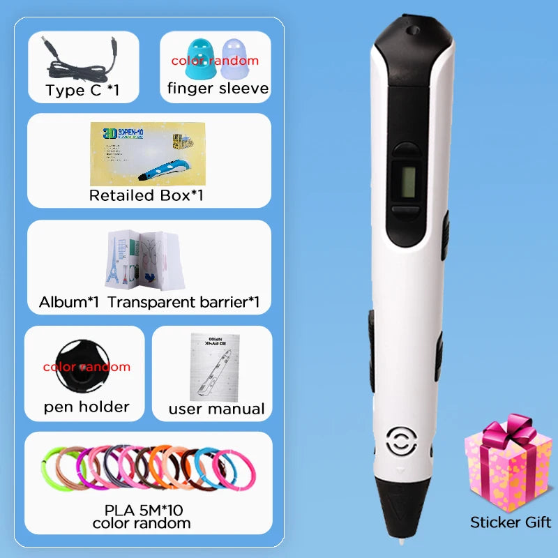 New 3D Printing Pen LCD Display Screen 1.75mm ABS / PLA Filament Kids DIY Drawing Pen Boy and Girls Christmas Birthday Gifts Vue White-50M PLA