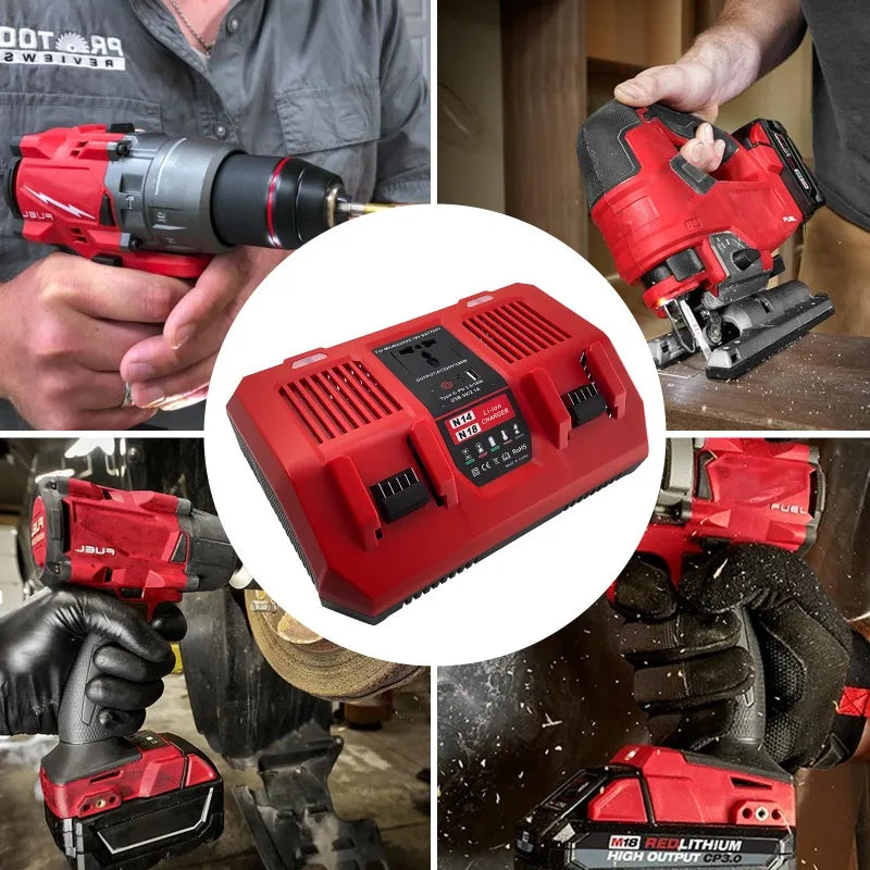 6A Fast-Charge Dual-Port Battery Charger for Milwaukee 18V Lithium Battery with Inverter USB Port Supports Simultaneous Charging Vue