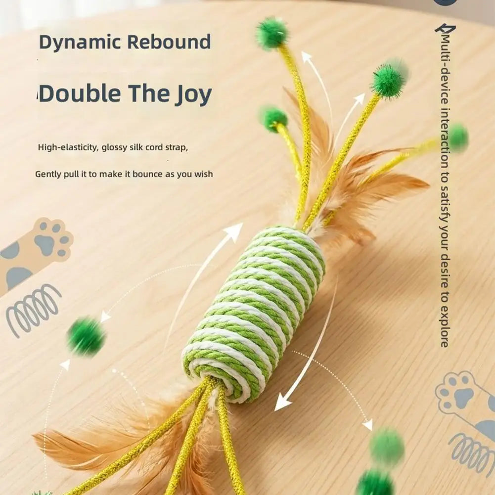 Interactive Cat Rope Roller Toy Feather Teaser Scratching Pillar Bite Resistant Green Striped Rope Roller Pet Kitten Supplies Vue