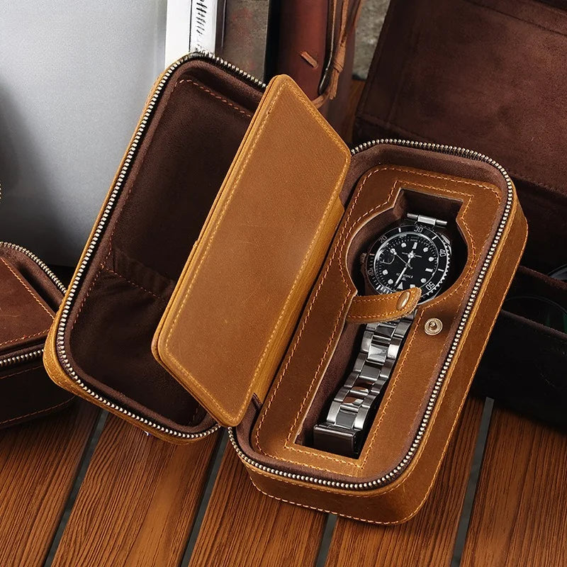 Retro Crazy Horse Leather Rectangle Watch Box Single Pack Travel Zipper Leather Premium Watch Storage Box Vue