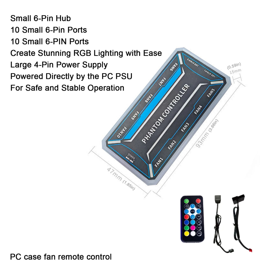 6Pin 10-Port RGB PC Fan Controller SATA-Powered Computer ARGB Fan Hub with Remote Control for Computer Fans Light Strip Vue