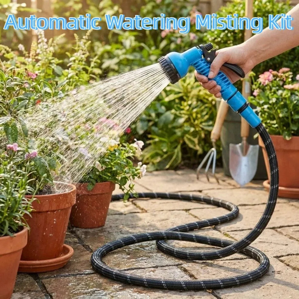 5-30M Garden Hose with Spray Nozzle Non-Clogging 7 Functions Automatic Watering Misting Kit Flexible Leak-Proof Spray Water Hose Vue