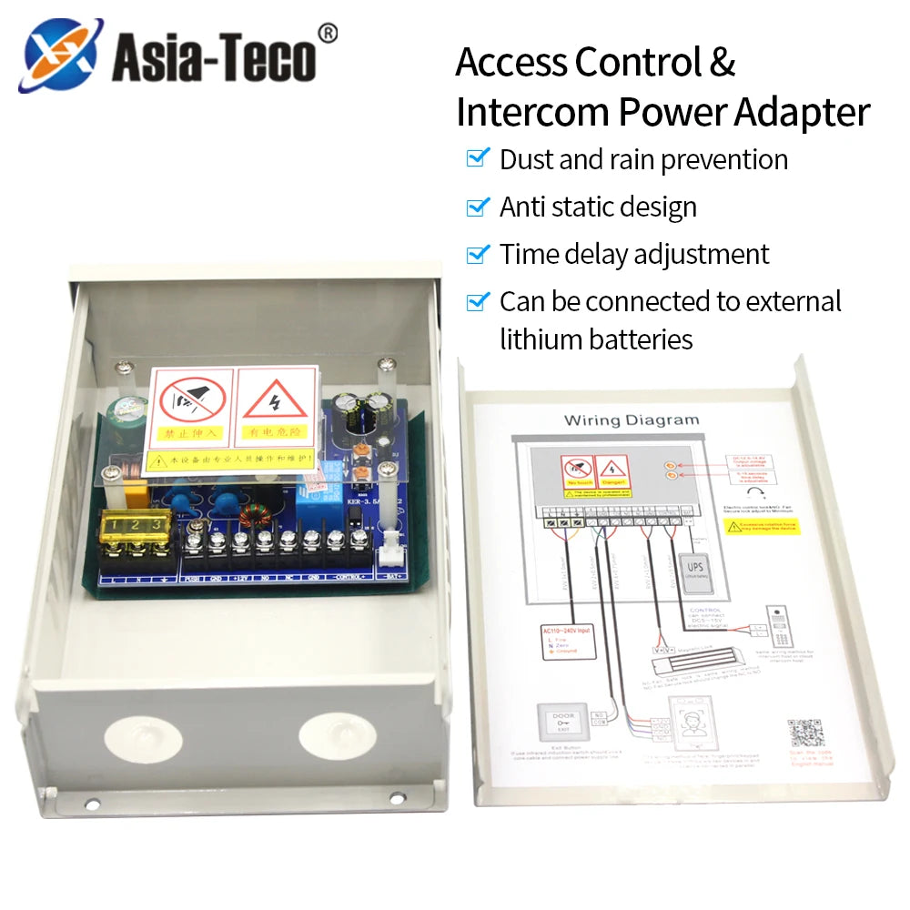 Rainproof Access Control Power Supply Transformer DC 12V-15V 5A Door System Time Delay 0-15s Adapter for Face Recognition Lock Vue