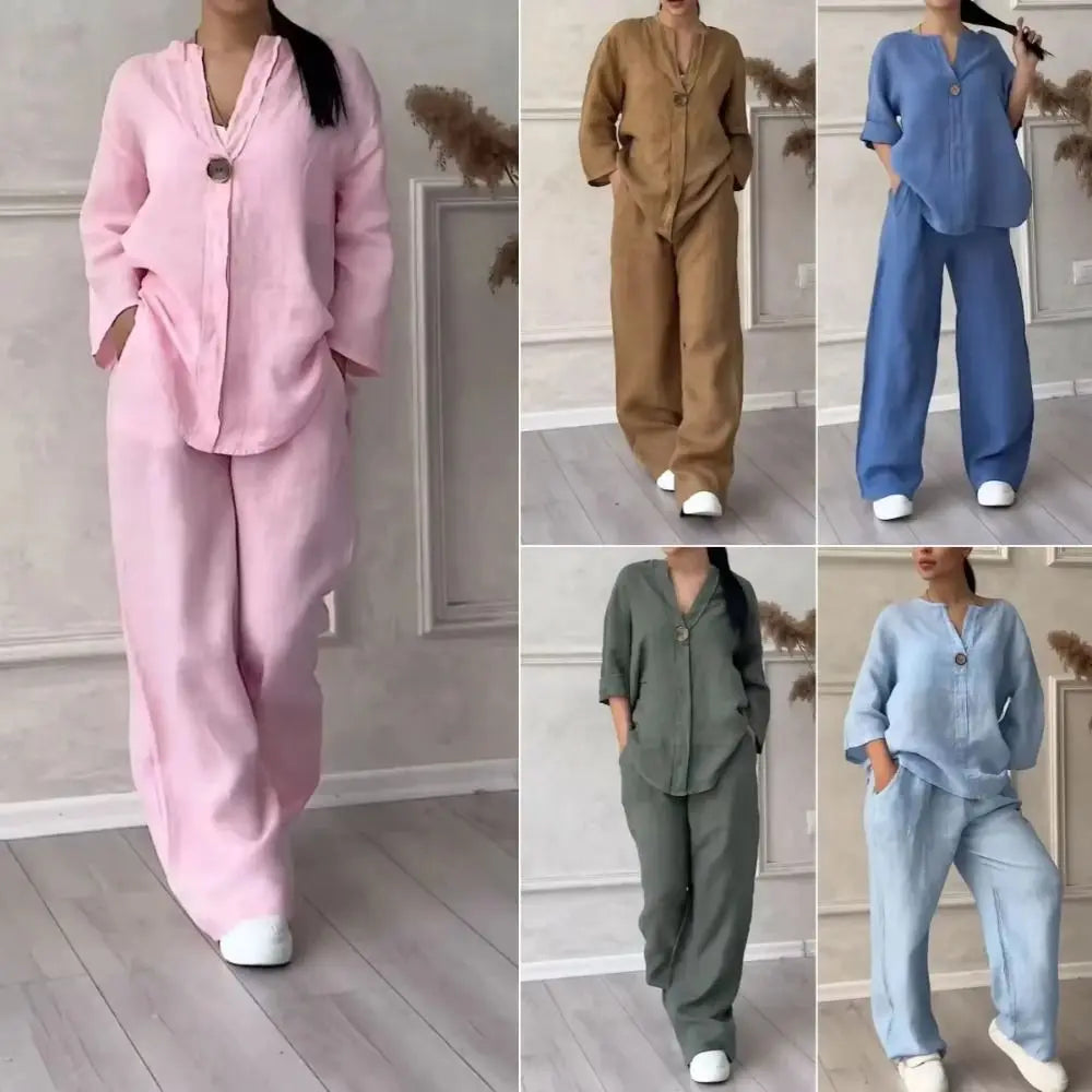 Fashion V Neck Women Two Short Sleeve Button Front Pants Pocket