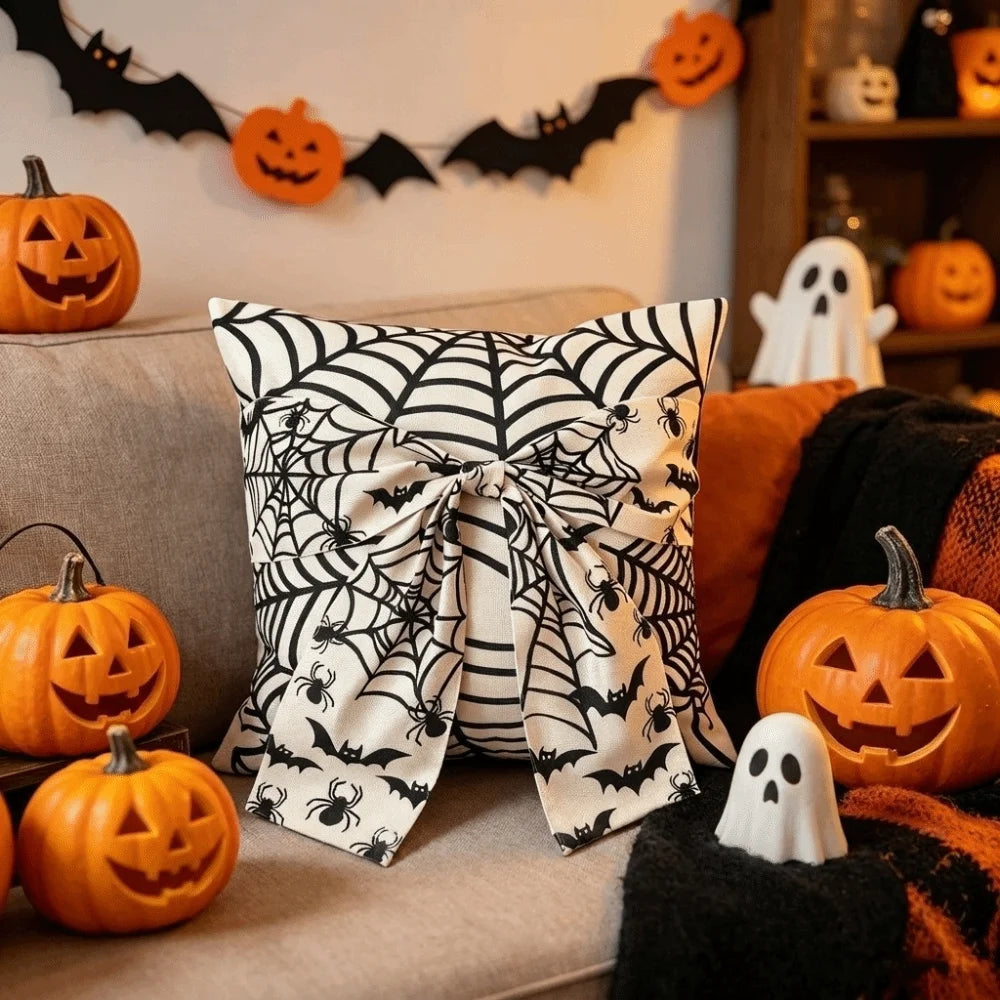 Gothic Style Halloween Ghost Pillowcase Washable Wear Resistant Spider Web Cushion Cover Comfortable Soft Square Pillow Covers Vue White