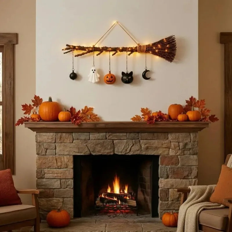 LED Halloween Front Door Decor, Rustic Witch Broom Sign with Pumpkin Ghost Cat Porch Wall Decoration Vue